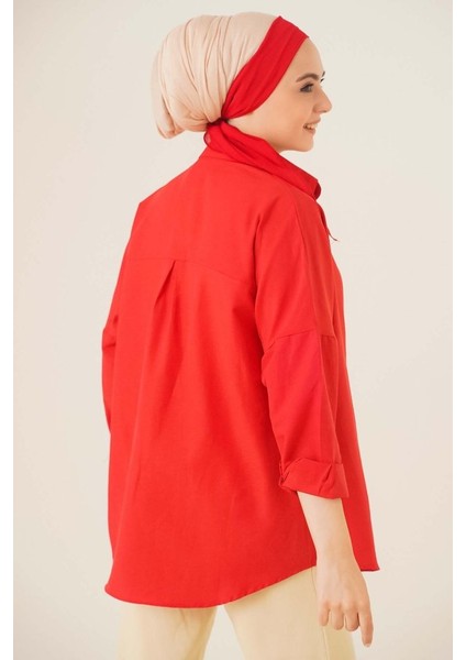 103901 Oversize Basic Tesettür Gömlek - Kırmızı