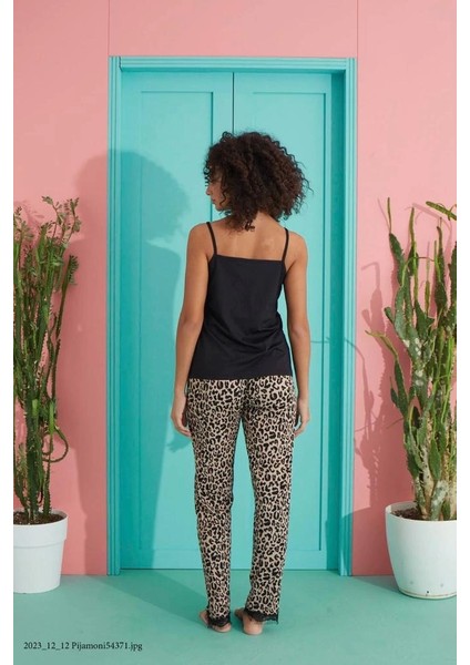 Viskon Kadın Askılı 3'lü Pijama Takım 7400-1- Leopar