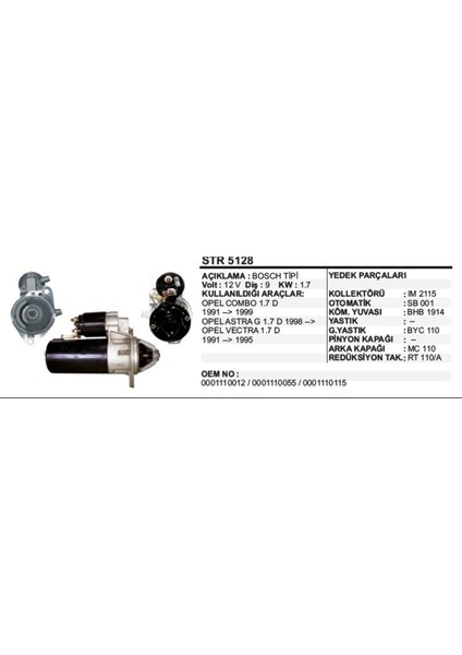 Marş Motoru 9 Dış 12V 1.7 Dızel Opel Combo 91-99 Astra G98- VECTRA91-95 Bosch Tıp - DD-STR5128