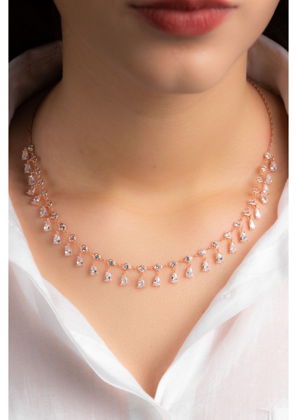 Parlak Zirkon Taşlı Damla Motifli Rose Altın Kaplama Kadın Gümüş Kolye 925 Ayar