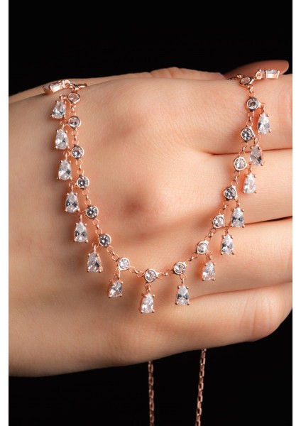 Parlak Zirkon Taşlı Damla Motifli Rose Altın Kaplama Kadın Gümüş Kolye 925 Ayar fiyatları