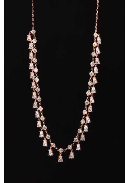 Parlak Zirkon Taşlı Damla Motifli Rose Altın Kaplama Kadın Gümüş Kolye 925 Ayar modelleri