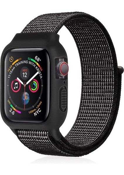 Apple Watch 44 mm Hasırlı Cırtcırtlı Kasalı Kordon 2/3/4/5/6/7/8 Azn-Kasalı