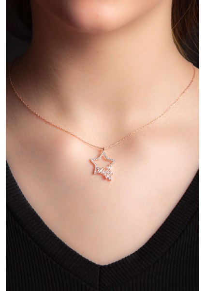 Beyaz Zirkon Taşlı Rose Altın Kaplama Yıldız Kolye 925 Ayar