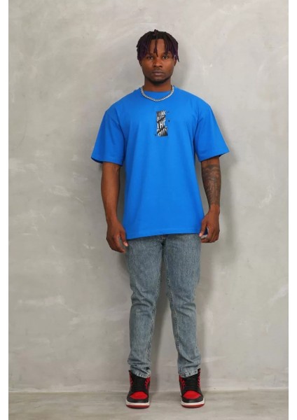 Erkek Baskılı Bisiklet Yaka T-Shirt 20/1 Penye - Mavi modelleri