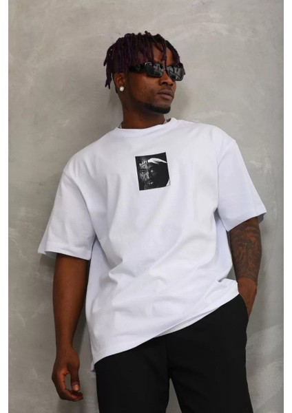 Erkek Baskılı Bisiklet Yaka T-Shirt 20/1 Penye - Beyaz