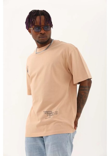 Erkek Baskılı Bisiklet Yaka T-Shirt 20/1 Penye - Bej
