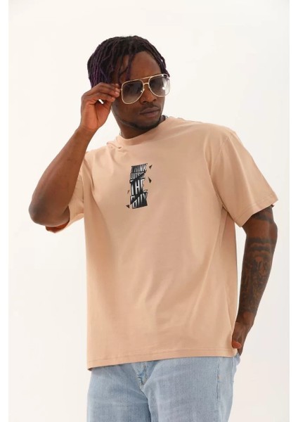 Erkek Baskılı Bisiklet Yaka T-Shirt 20/1 Penye - Bej