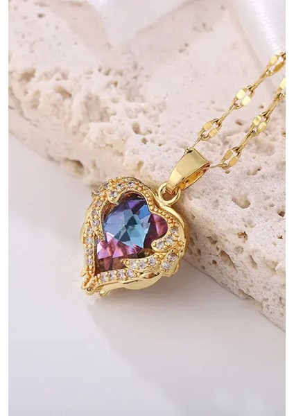 Trend Collection Kadın Paslanmaz Çelik Gold Zirkon Taşlı Pembe Kalp Kolye