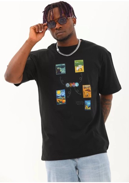 Erkek Baskılı Bisiklet Yaka T-Shirt 20/1 Penye - Siyah fiyatları