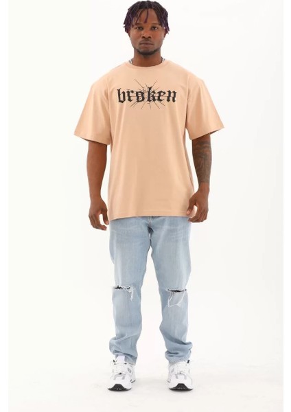 Erkek Baskılı Bisiklet Yaka T-Shirt 20/1 Penye - Bej fırsatları