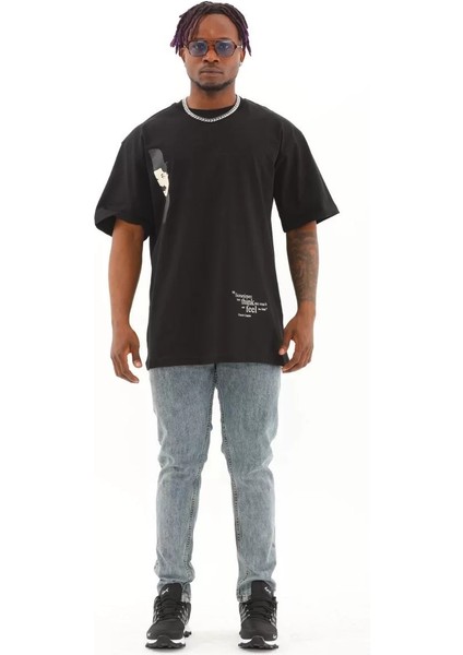 Erkek Baskılı Bisiklet Yaka T-Shirt 20/1 Penye - Siyah fırsatları