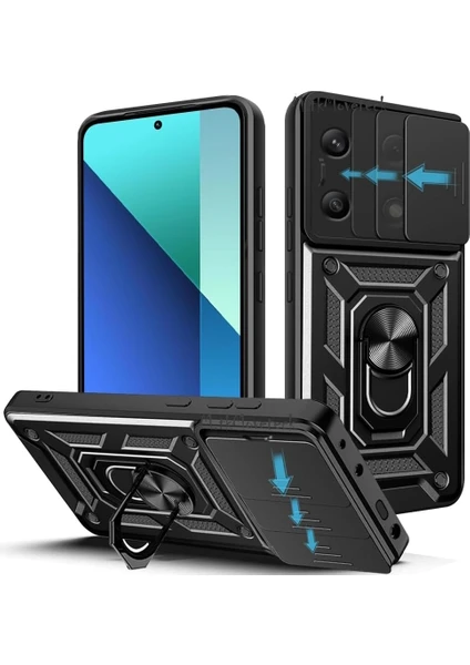 MTK Moveteck Xiaomi Redmi Note 13 4g Kılıf Kamera Korumalı Sürgülü Yüzüklü Armor Military Tank Kızaklı Kapak