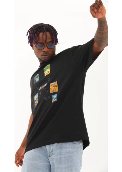 Erkek Baskılı Bisiklet Yaka T-Shirt 20/1 Penye - Siyah