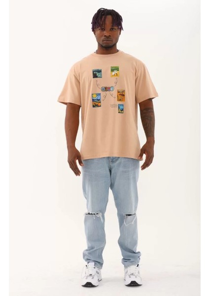 Erkek Baskılı Bisiklet Yaka T-Shirt 20/1 Penye - Bej fırsatları