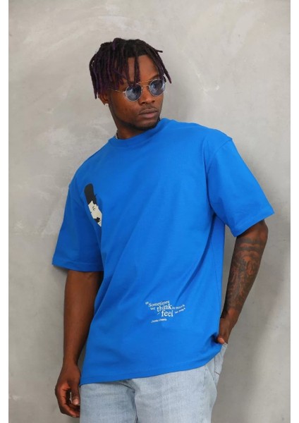 Erkek Baskılı Bisiklet Yaka T-Shirt 20/1 Penye - Mavi