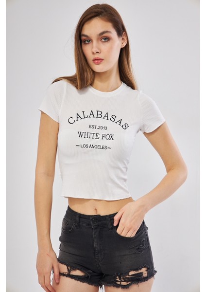 Kadın Yazılı Beyaz Crop Tshirt