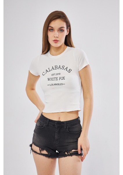 Kadın Yazılı Beyaz Crop Tshirt