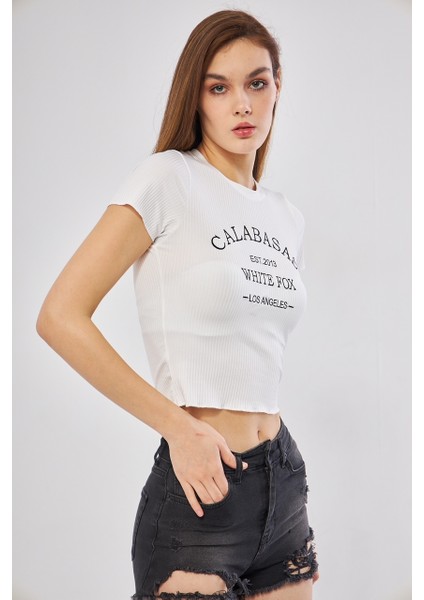 Kadın Yazılı Beyaz Crop Tshirt