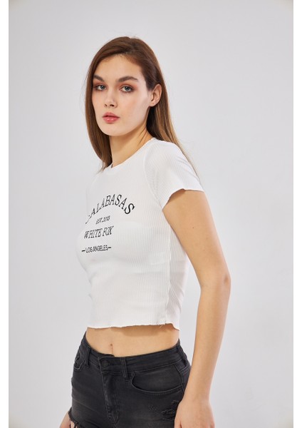 Kadın Yazılı Beyaz Crop Tshirt