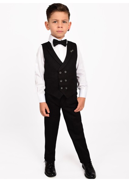 Siyah Makas Broş Detaylı Erkek Çocuk Yelekli Smokin Takım