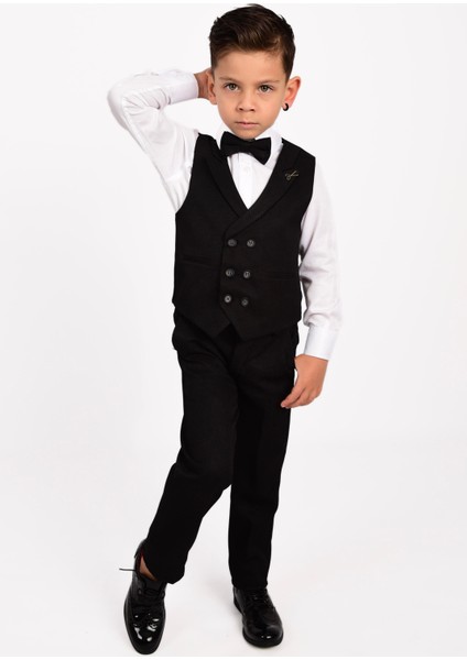 Siyah Makas Broş Detaylı Erkek Çocuk Yelekli Smokin Takım fiyatları