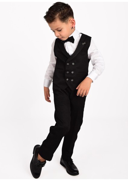 Siyah Makas Broş Detaylı Erkek Çocuk Yelekli Smokin Takım modelleri