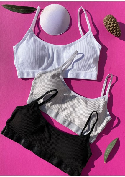 Pedli 3'lü Siyah, Beyaz ve Gri Fitilli Ince Ip Askı Pamuklu Sütyen