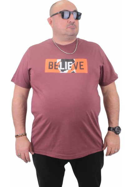 Mocgrande Erkek Büyük Beden Sıfır Yaka Tişört Believe 23180 Eflatun