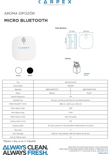 Micro Bluetooth Koku Makinesi Beyaz + 50 ml Koku Kartuşu