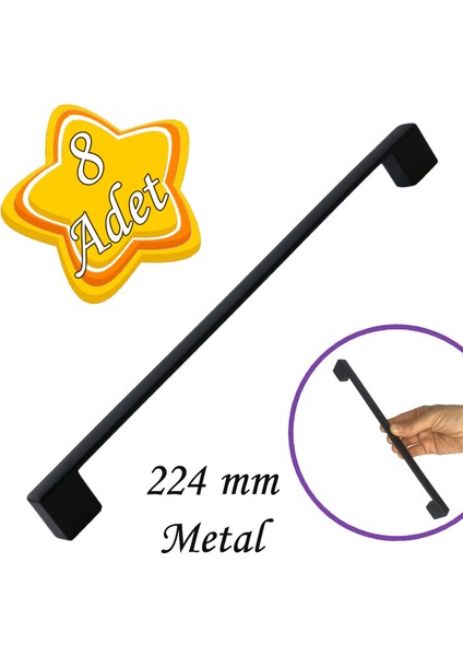 8 Adet Marmara Kulp 224 mm Siyah Mutfak Kulpu Çekmece Dolap Kapak Kulbu Metal Mobilya Dolabı Kulpları