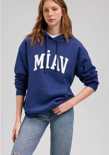 Miav Baskılı Kapüşonlu Mavi Sweatshirt 1S10131-70722