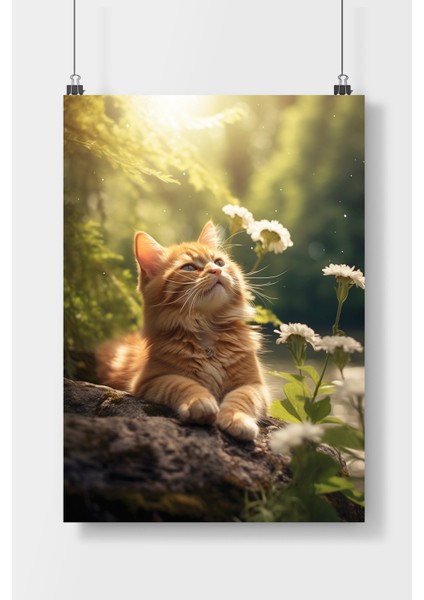 Postercity Doğada Sevimli Kedi Hayvan Poster Çerçevesiz Parlak Kağıt