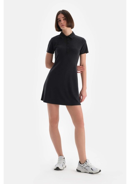 Siyah Kadın Modal Yarım Kollu Önden Düğmeli Elbise