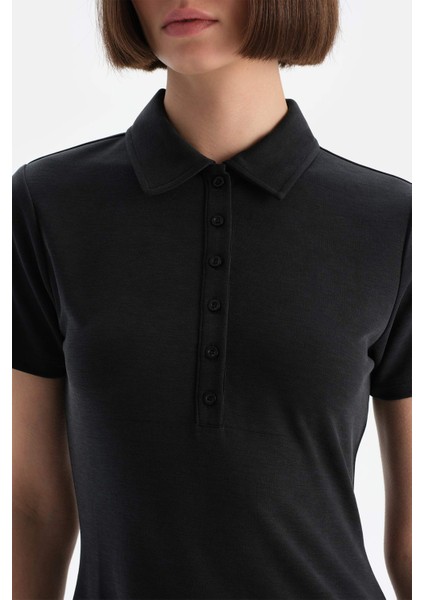 Siyah Kadın Modal Yarım Kollu Önden Düğmeli Elbise indirimleri