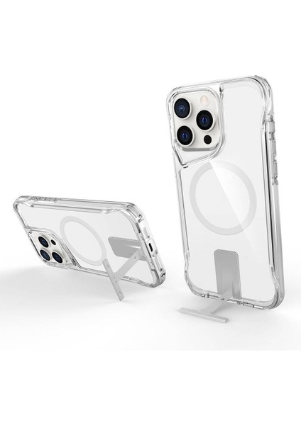 iPhone 15 Pro Max Uyumlu Kılıf Case, Transparent, Magsafe Şarj Özellikli Metal Standlı Şeffaf Kapak