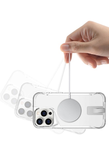 iPhone 15 Pro Max Uyumlu Kılıf Case, Transparent, Magsafe Şarj Özellikli Metal Standlı Şeffaf Kapak