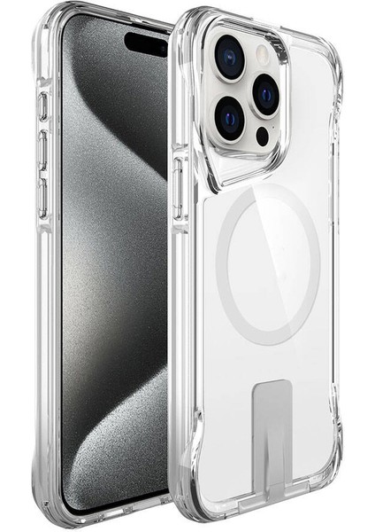 iPhone 15 Pro Max Uyumlu Kılıf Case, Transparent, Magsafe Şarj Özellikli Metal Standlı Şeffaf Kapak