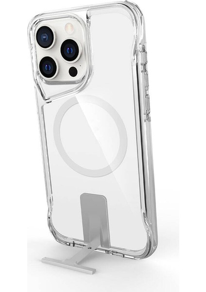 iPhone 15 Pro Max Uyumlu Kılıf Case, Transparent, Magsafe Şarj Özellikli Metal Standlı Şeffaf Kapak