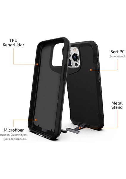 iPhone 15 Pro Max Uyumlu Kılıf Case, Metal Standlı Mat Airbag Anti Shock Tpu Kapak Cover Siyah