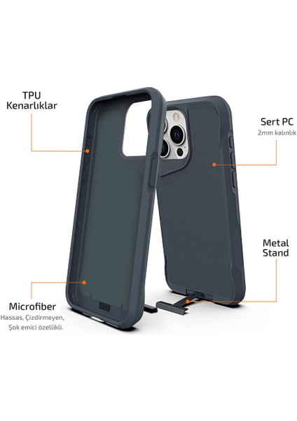 iPhone 15 Pro Uyumlu Kılıf Case, Metal Standlı Mat Airbag Anti Shock Tpu Kapak Cover Gri