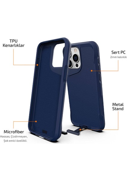 iPhone 15 Pro Max Uyumlu Kılıf Case, Metal Standlı Mat Airbag Anti Shock Tpu Kapak Cover Lacivert