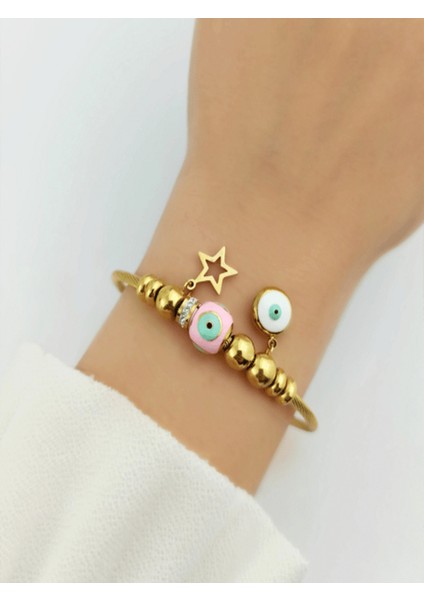Kadın 316L Gold Nazar Yıldız Detaylı Çelik Charm Bileklik