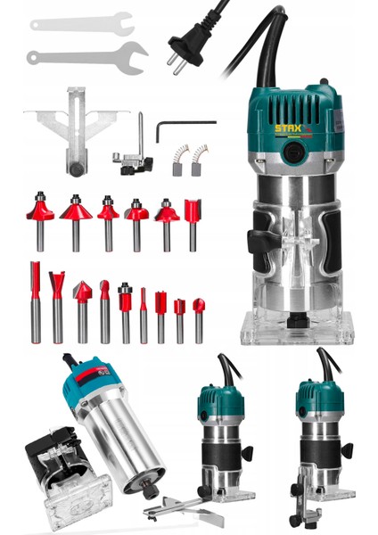 Staxx Power 3500 Watt Mini Freze Formika Traşlama Makinesi 6mm Pens (Devir Ayarsız) + 12 Parça Freze Ucu