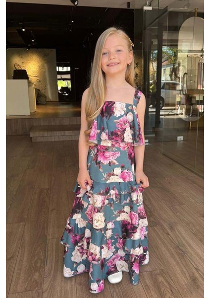 Kız Çocuk Çiçek Desenli Crop ve Katkat Fırfır Detaylı Yeşil Etekli Takım fiyatları