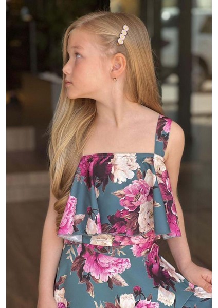 Kız Çocuk Çiçek Desenli Crop ve Katkat Fırfır Detaylı Yeşil Etekli Takım modelleri