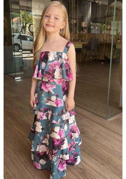 Kız Çocuk Çiçek Desenli Crop ve Katkat Fırfır Detaylı Yeşil Etekli Takım fırsatları