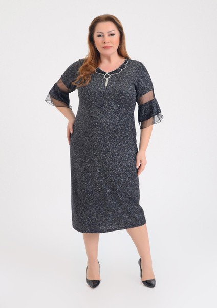 Büyük Beden Siyah Renkli Likralı Simli V Yaka Abiye Elbise modelleri