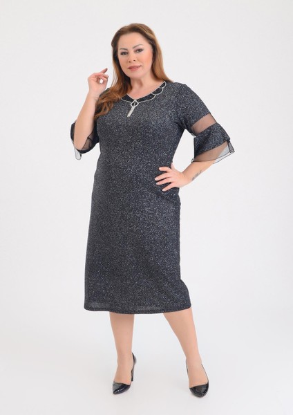 Büyük Beden Siyah Renkli Likralı Simli V Yaka Abiye Elbise fırsatları