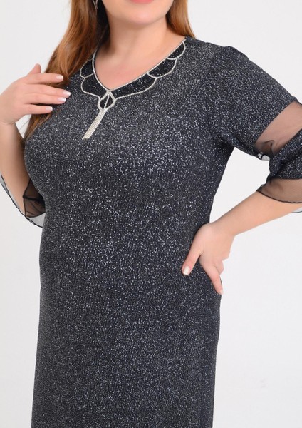 Büyük Beden Siyah Renkli Likralı Simli V Yaka Abiye Elbise indirimleri